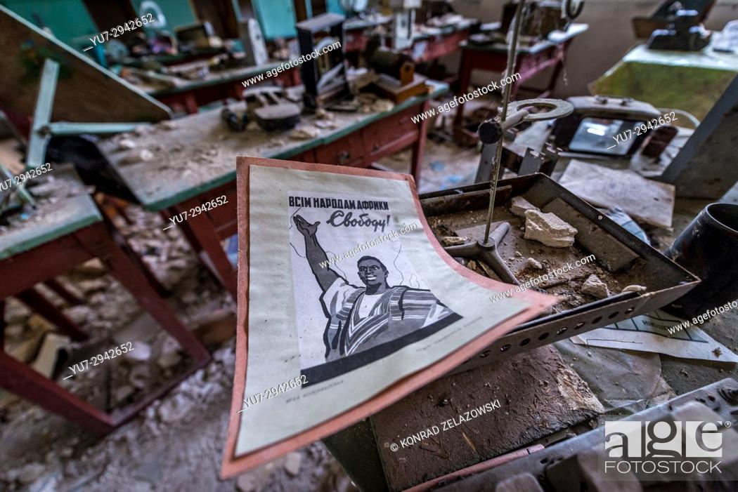 Stock Photo: """""Peace for all the Nations of Africa"" poster in secondary school in Mashevo village of Chernobyl Nuclear Power Plant Zone of Alienation in Ukraine.
