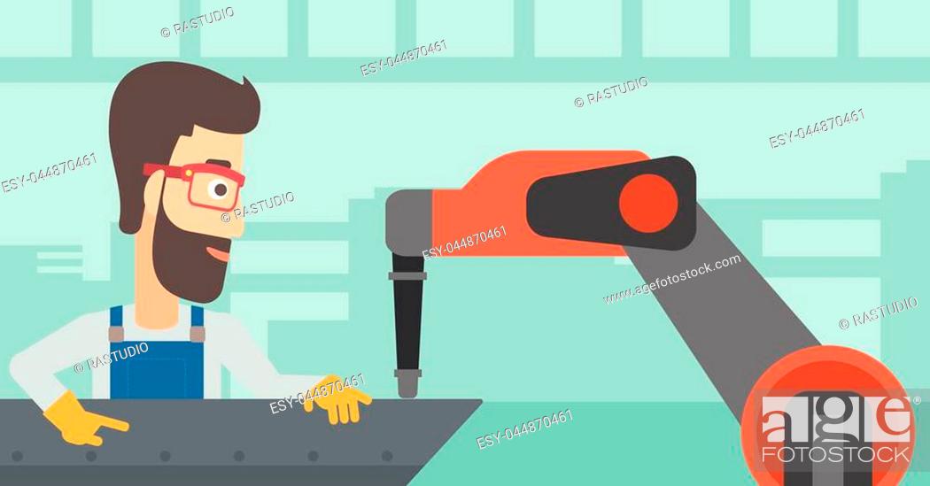 Stock Vector: Young caucasian man working on industrial welding robotic arm at the factory. Hipster worker using industrial robotic arm in steel making plant.