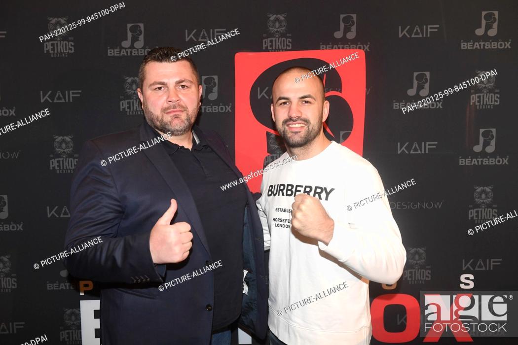 Stock Photo: 25 January 2022, Bavaria, Munich: Alexander Petkovic, promoter Petkos Boxing (l) and professional boxer Shefat Isufi at a press conference in Schubeck's.