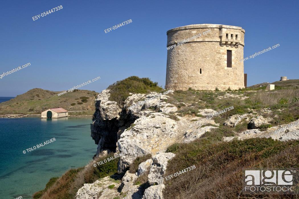 Stock Photo: Torre Taulera, siglo XVIII . Fortaleza de Isabel II, siglo XIX. Puerto de Mahon. La Mola. Menorca. Islas Baleares. Spain.