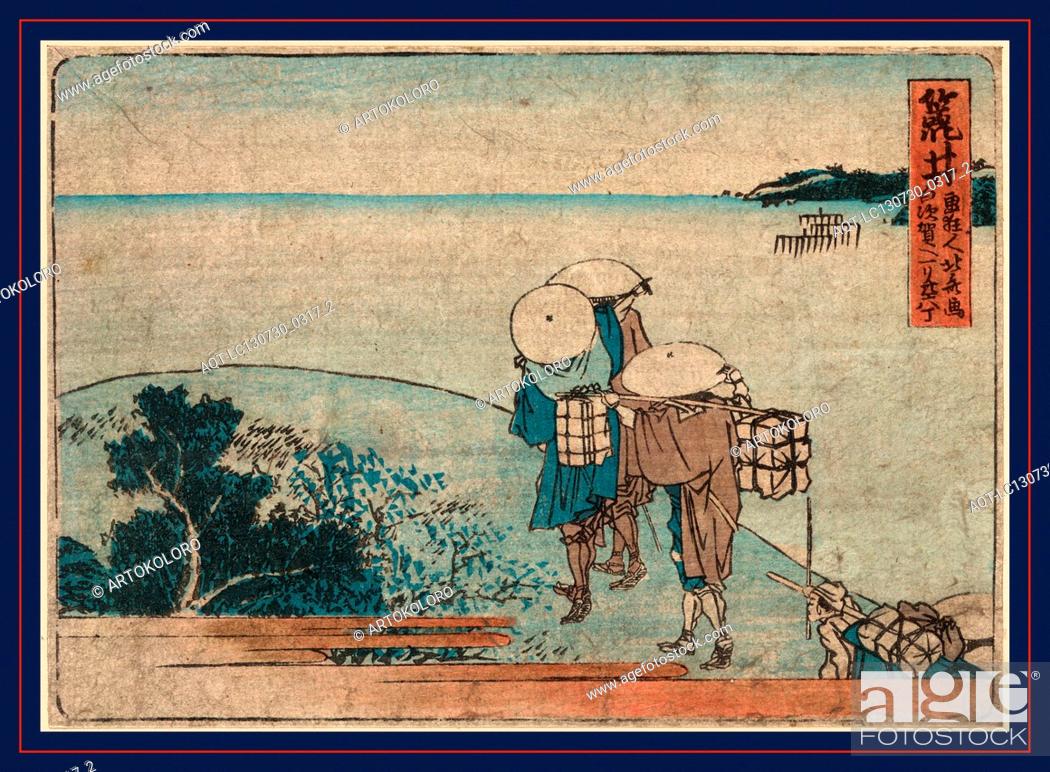Stock Photo: Arai, Katsushika, Hokusai, 1760-1849, artist, 1804., 1 print : woodcut, color ; 12 x 16.9 cm., Print shows pilgrims and a porter with shoulder pole on the.