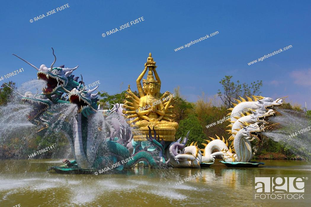 Stock Photo: Ancient, Avalokitesavara, Bangkok, Bodhisattva, Siam, Thailand, Asia, colourful, culture, dragons, fountain, park, pond, touristic, travel.