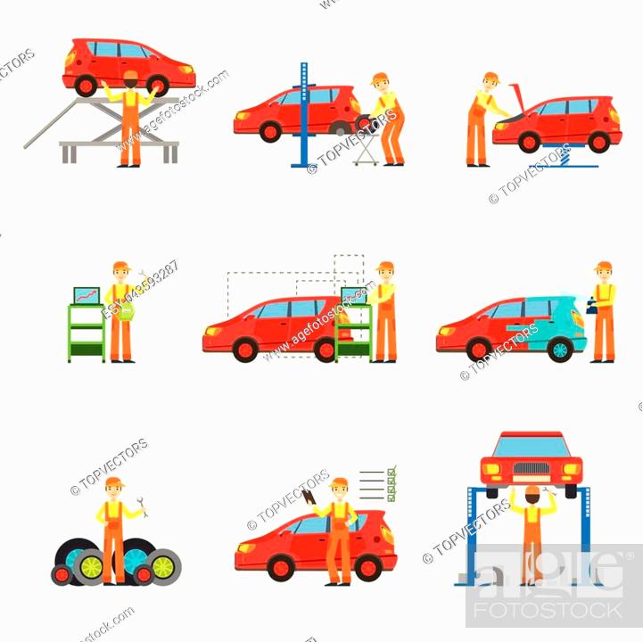 Car Repair Shop Services Set Of Illustrations. Mechanic At Work In The  Garage Bright Color..., Stock Vector, Vector And Low Budget Royalty Free  Image. Pic. ESY-043593287 | agefotostock