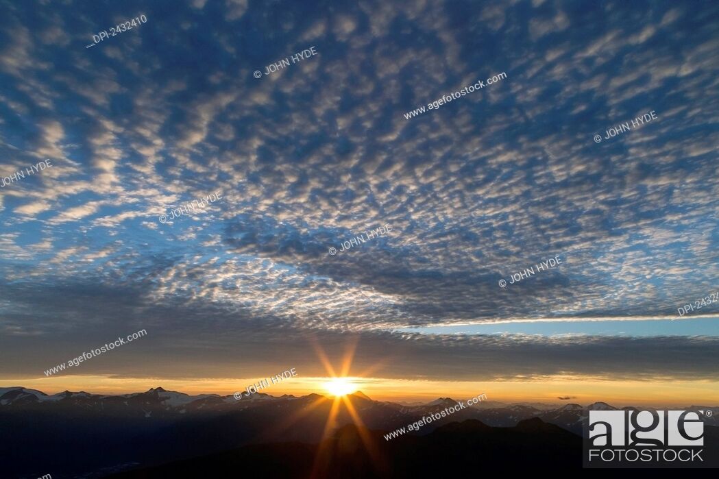 Stock Photo: Sunrise over the Coast Range as seen from the alpine on Douglas Island in Alaska's Tongass National Forest, Juneau. Alaska.