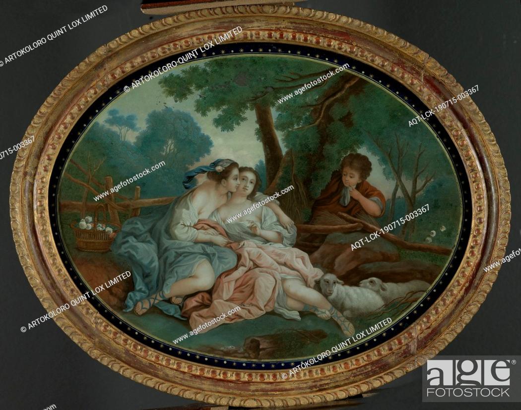 Stock Photo: Two fete galante scenes, Backglass painting, Two gallant representations, Oval backglass painting with two ladies, two sheep and a boy in a landscape depicting.
