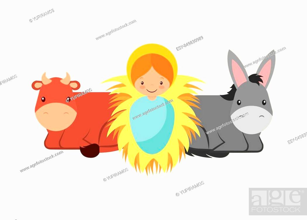 cute cartoon baby jesus with donkey and cow animals over white background,  Stock Vector, Vector And Low Budget Royalty Free Image. Pic. ESY-049830989  | agefotostock