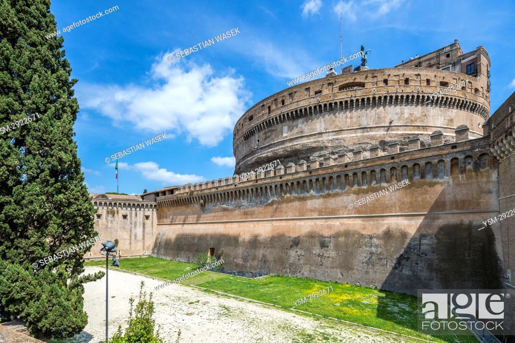 Stock Photo: The Mausoleum of Hadrian, usually known as Castel Sant'Angelo a towering cylindrical building in Parco Adriano, Rome, Lazio, Italy, Europe.