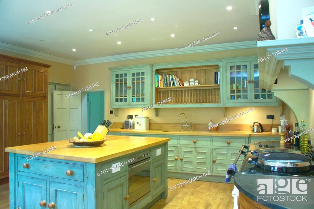 Island Unit With Wood Worktop In Pastel, Turquoise Kitchen Island