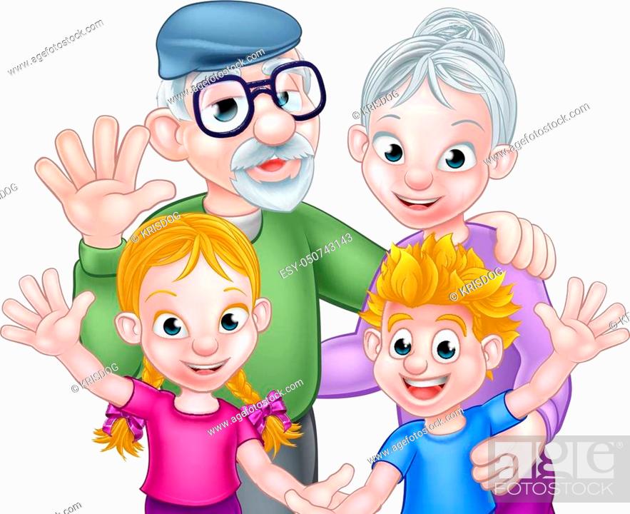 Two cartoon kids grand children with their grandparents grandfather and  grandmother, Stock Vector, Vector And Low Budget Royalty Free Image. Pic.  ESY-050743143 | agefotostock