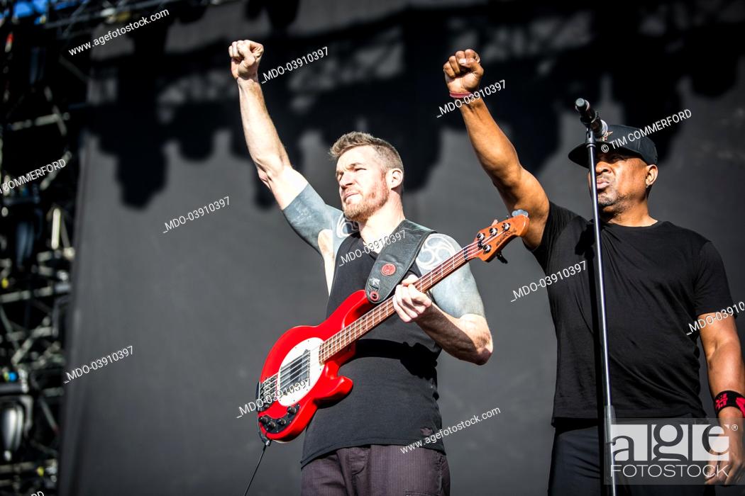 Bassist Tim Commerford and rapper Chuck D (Carlton Douglas Ridenhour),  members of Prophets of Rage, Stock Photo, Picture And Rights Managed Image.  Pic. MDO-03910397 | agefotostock