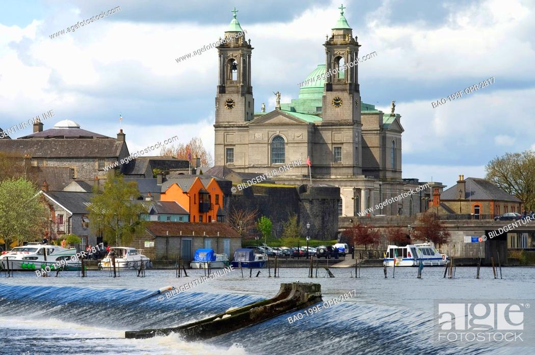 Stock Photo: This stock photo shows the Athlone Cathedral and Castle at the River Shannon.