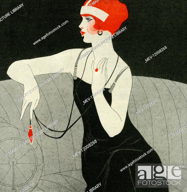Glamorous redhead with shingled hair wearing 1920s style dress and long  pendant seated on sofa, Stock Photo, Picture And Rights Managed Image. Pic.  MEV-12008268 | agefotostock