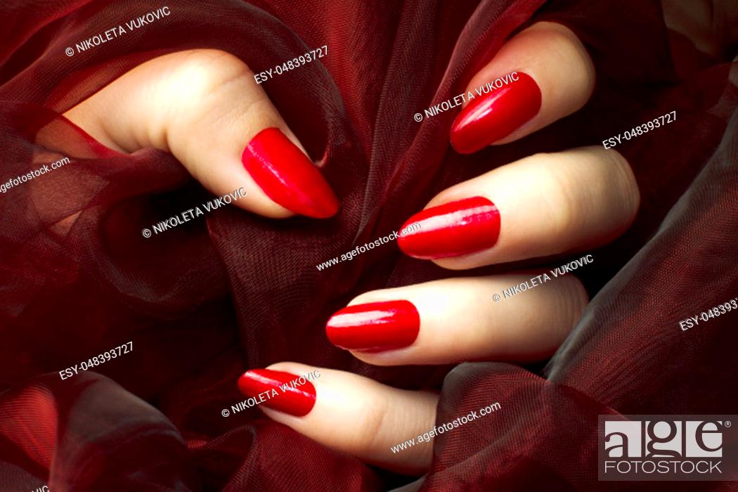 Female hand with sensual red nails on dark red background, manicure and nail  care concept, Stock Photo, Picture And Low Budget Royalty Free Image. Pic.  ESY-048393727 | agefotostock