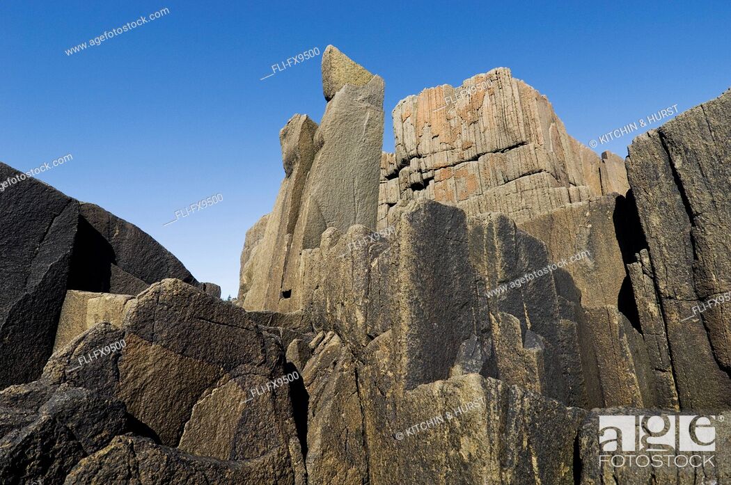 Stock Photo: Jurassic basalt lava cliffs which form a rugged south shore on Brier Island, Bay of Fundy, Nova Scotia.