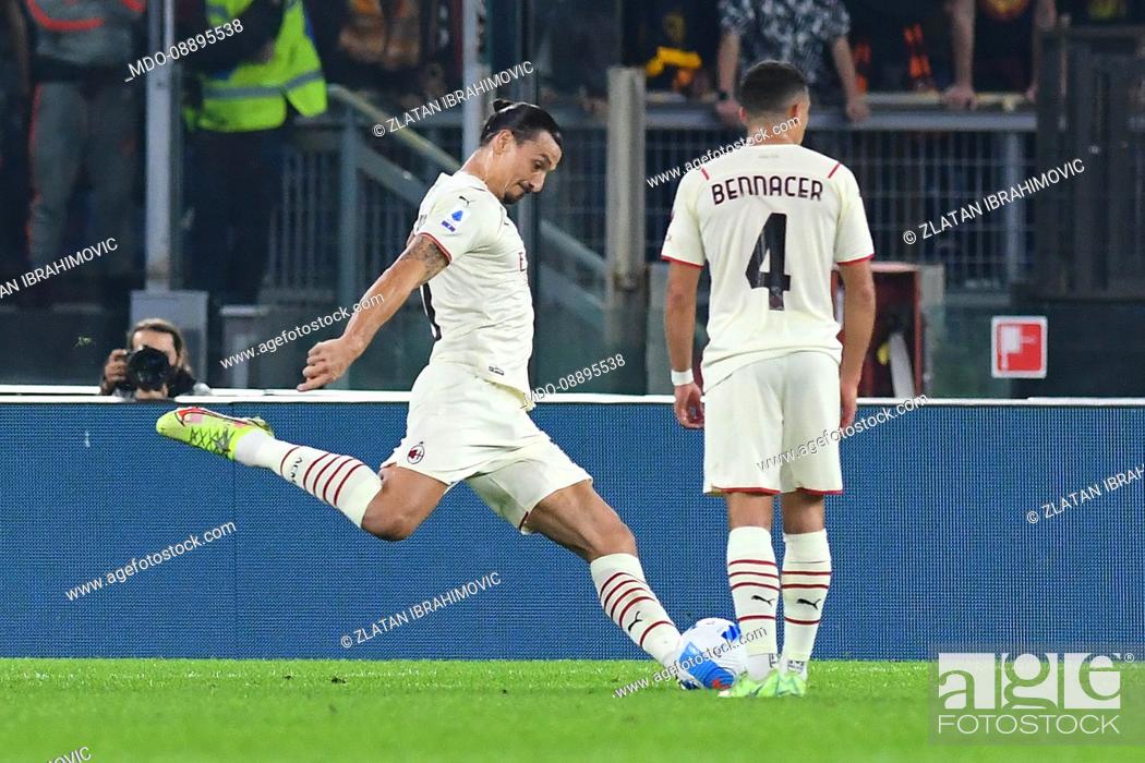 Stock Photo: The Footballer of Milan Zlatan Ibrahimovic score the goal during the match Roma-Milan at the stadio Olimpico. Rome (Italy), 31 October, 2021.
