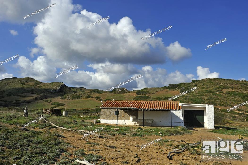 Stock Photo: fisherman house at Cala Mica inlet near Cape Cavalleria on the North Coast of Menorca, Balearic Islands, Spain, Europe.