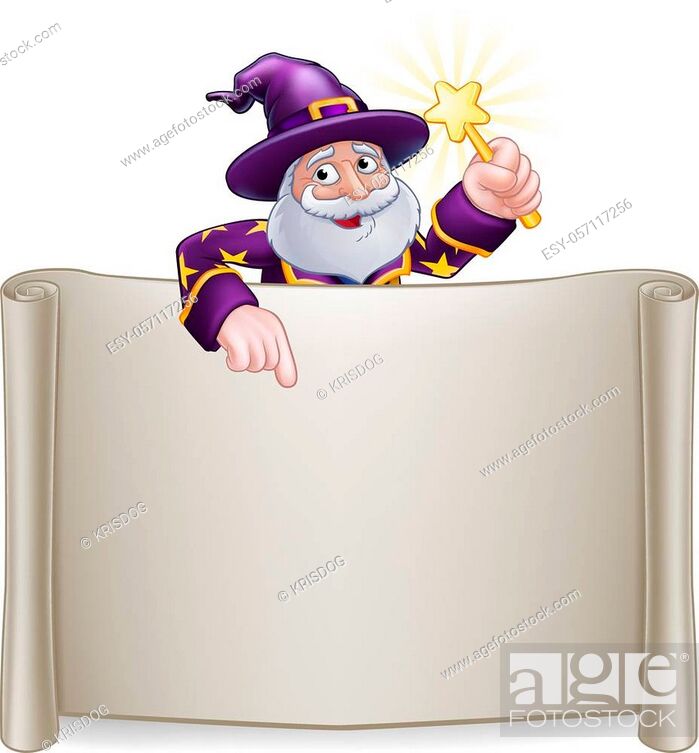 A wizard cartoon character holding a magic wand peeking over a scroll sign  and pointing at it, Stock Vector, Vector And Low Budget Royalty Free Image.  Pic. ESY-057117256 | agefotostock