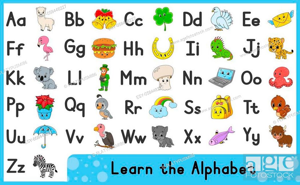 English alphabet with cartoon characters. Vector set. Bright color style,  Stock Vector, Vector And Low Budget Royalty Free Image. Pic. ESY-058448227  | agefotostock