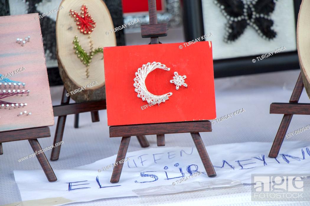 Stock Photo: Turkish national flag with white star and moon in the view.
