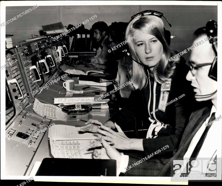 Stock Photo: 1968 - Poppy Northcutt, a mathematician at the Houston Operations of TRW's Systems Group, staffs a console in NASA's Mission Control Center-Houston and is.