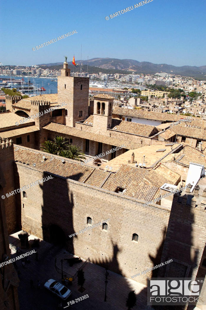 Stock Photo: Almudaina royal palace seen from the rooftop of the cathedral. Palma de Mallorca. Majorca, Balearic Islands. Spain.