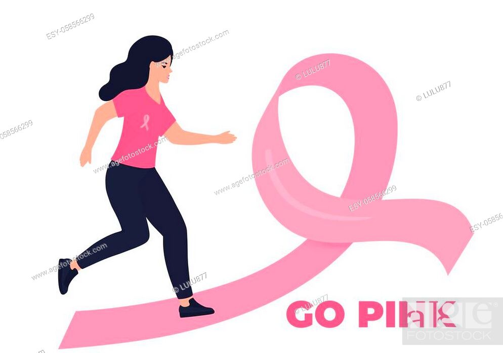 Vector: Woman running marathon on a pink ribbon road in support of breast cancer patients. October Awareness Month on Women s Health.