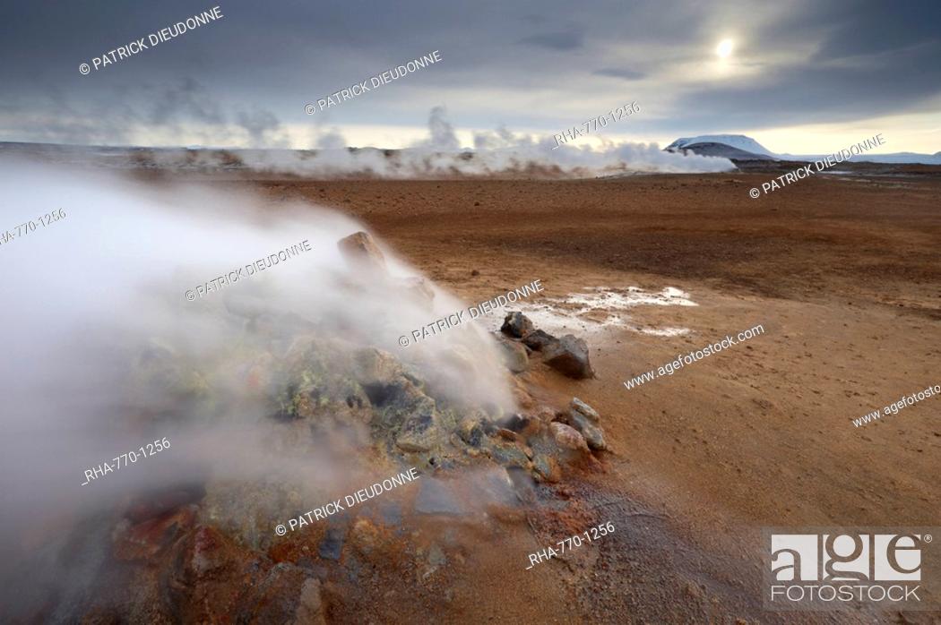 Stock Photo: Steam vent at Namaskard geothermal area Namafjall-Hverarond, Mount Burfell, 935m, behind, near Lake Myvatn and Reykjahlid, North Iceland, Iceland, Polar Regions.
