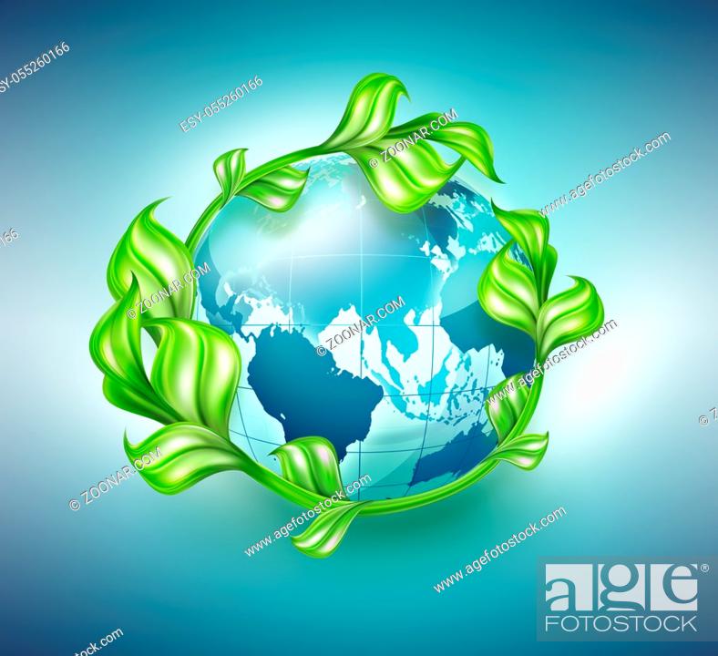Stock Photo: Natural background with blue world and leaves, conceptual design of environmental protection.