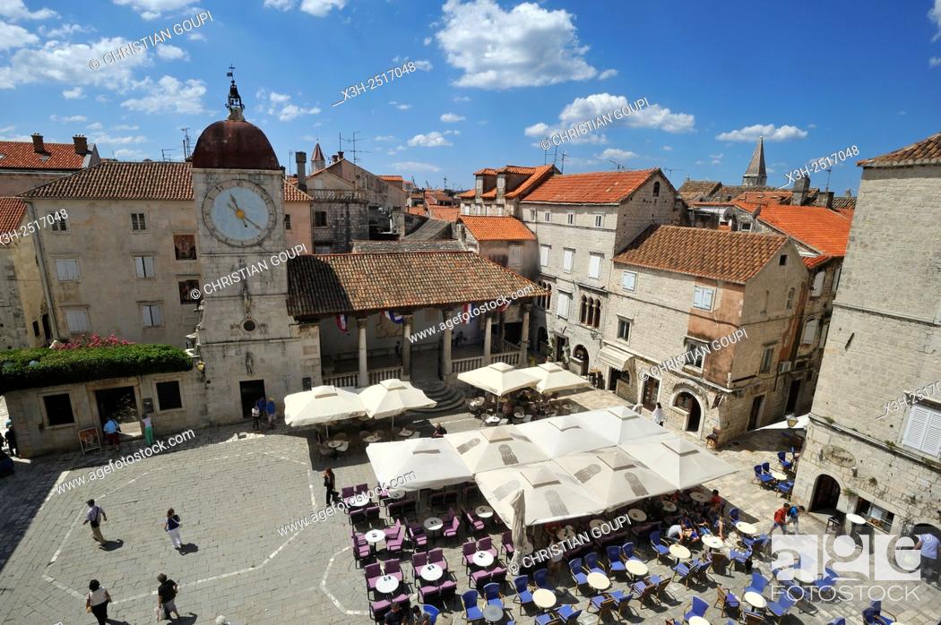 Stock Photo: Ivana Pavla II square viewed from the bell tower of Cathedral of St. Lawrence, Trogir, near Split, Croatia, Southeast Europe.