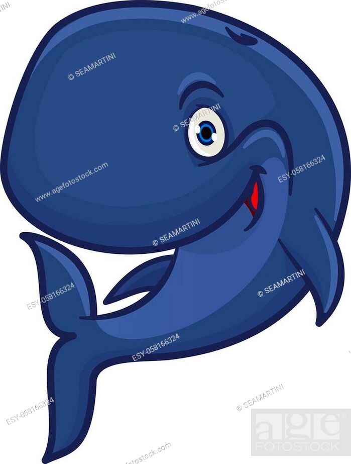 Stock Vector: Joyful smiling blue sperm whale cartoon character for sea adventure hero or underwater wildlife mascot design with funny cachalot preparing for deep dive.
