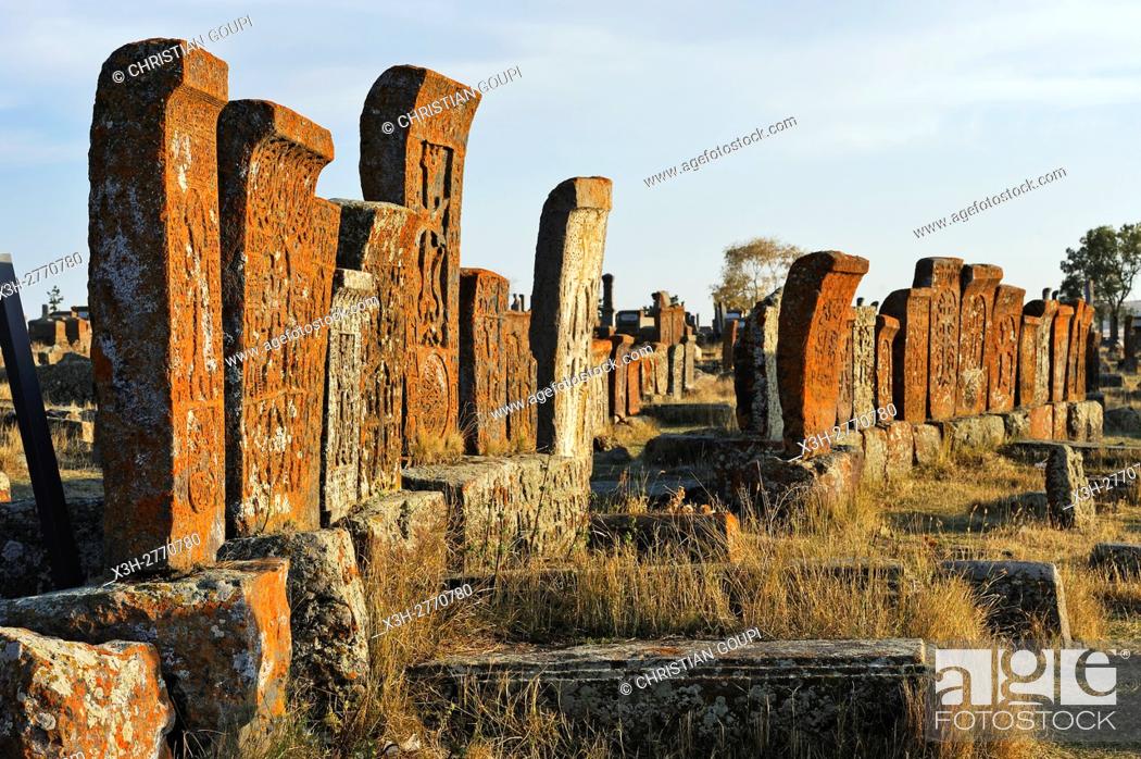 Stock Photo: Noratus cemetery (the largest surviving cemetery with khachkars in Armenia), near Lake Sevan, Gegharkunik region, Armenia, Eurasia.