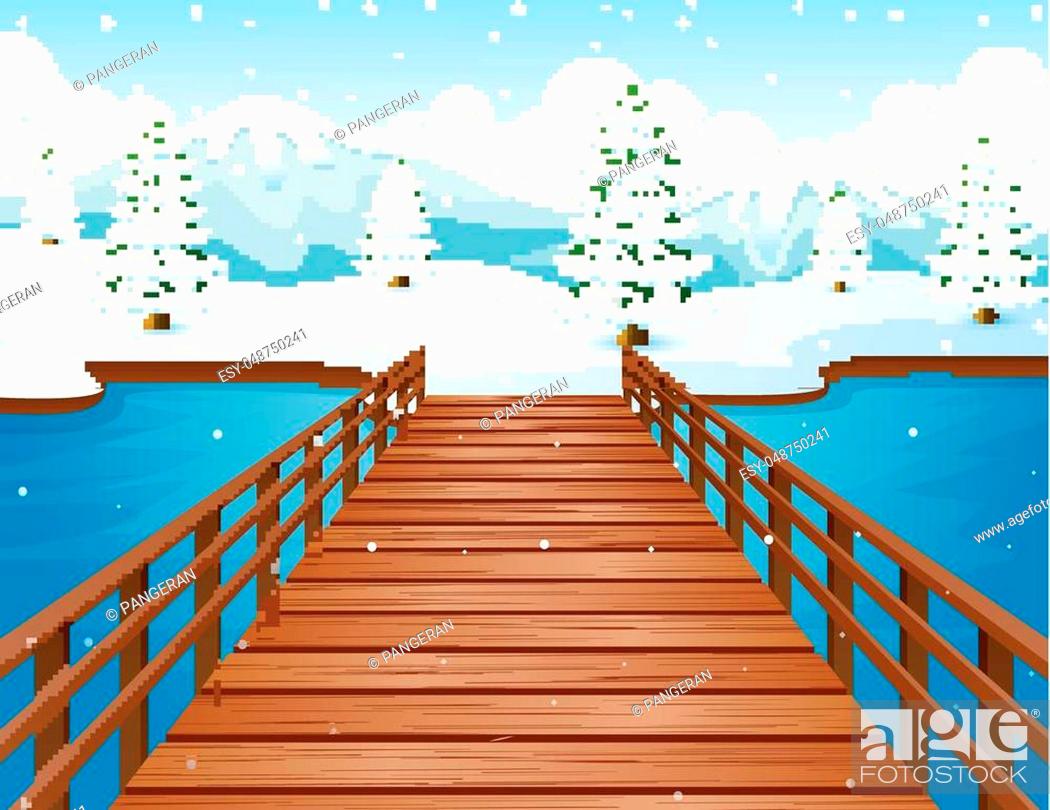 Vector illustration of Cartoon winter landscape with mountains and wooden  bridge over river, Stock Vector, Vector And Low Budget Royalty Free Image.  Pic. ESY-048750241 | agefotostock