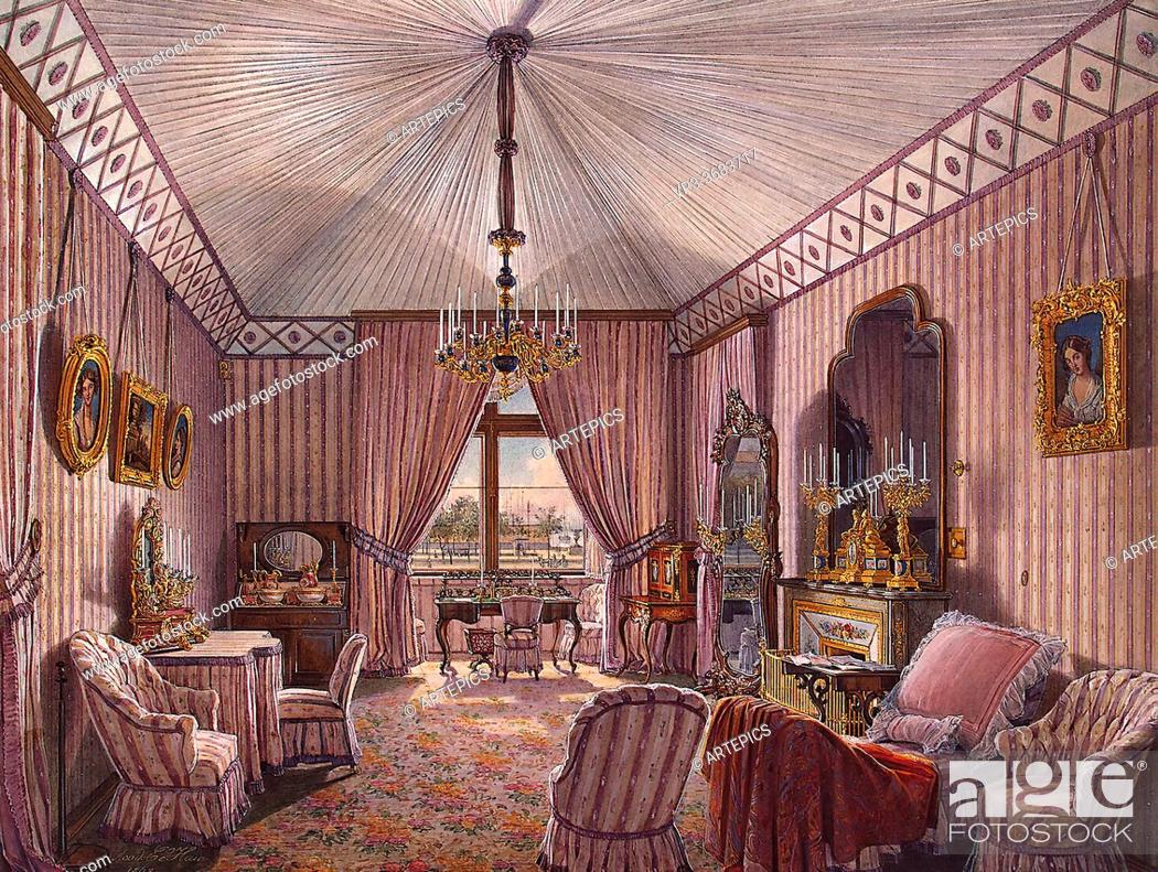 Stock Photo: Hau Edward Petrovich - Interiors of the Winter Palace - the Fourth Reserved Apartment. the Dressing Room - Russian School - 19th Century.