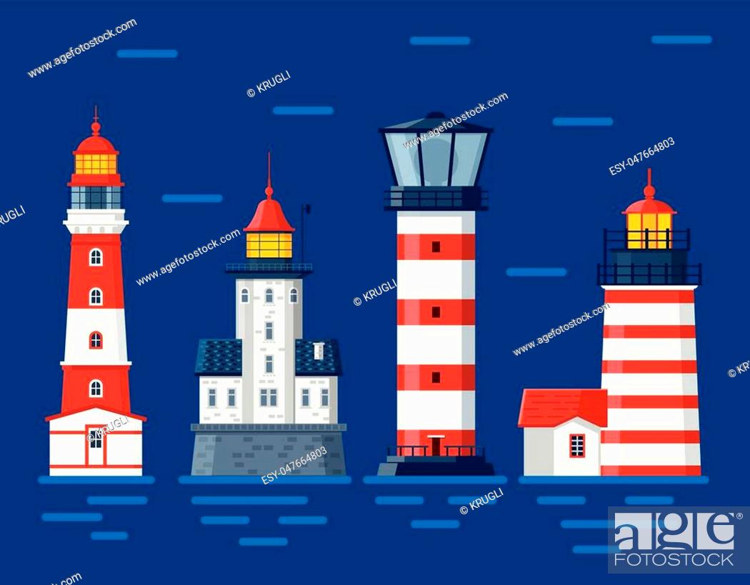 Red Lighthouse Set Sea Guiding Light, Types Of Lighthouse Lights
