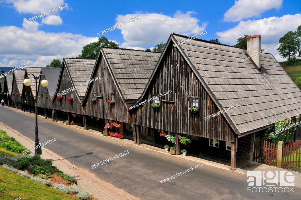 Stock Photo: Houses called Twelve Apostles - a set of wooden weavers' houses, from 1707 in Chelmno Slaskie, Lower Silesian Voivodeship, Poland.
