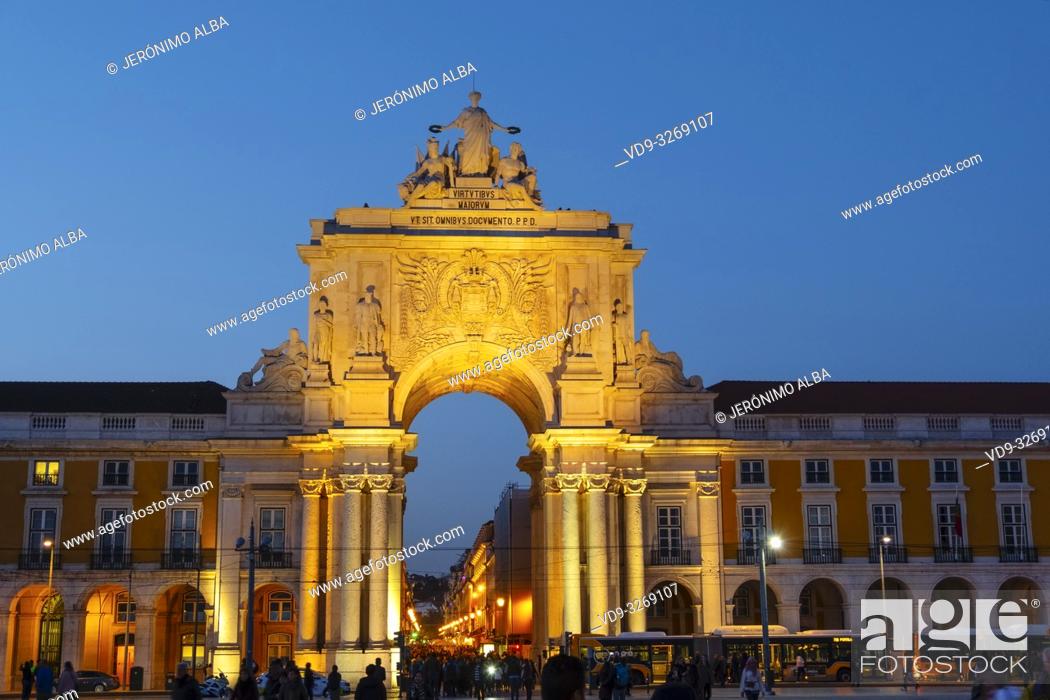Stock Photo: Triumphal Arch of Rua Augusta at dusk, Commerce Square. Lisbon, Portugal. Europe.