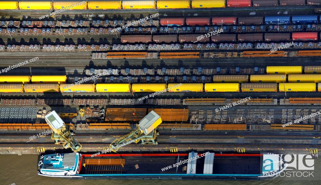 Stock Photo: Aerial view, construction site, bulk ships, unloading of coal, ThyssenKrupp Steel, port Walsum, Duisburg, Ruhrgebiet region, North Rhine-Westphalia, Germany.
