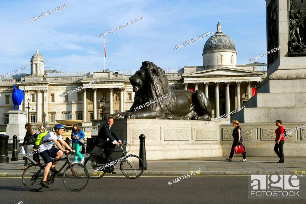 Stock Photo: United Kingdom, London, Trafalgar square, Nelson's Column and National Gallery in the background.