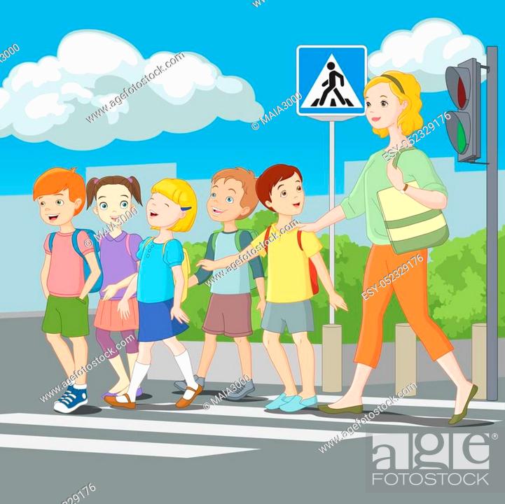 Kids crossing road with teacher. Road Safety for children, Stock Vector,  Vector And Low Budget Royalty Free Image. Pic. ESY-052329176 | agefotostock