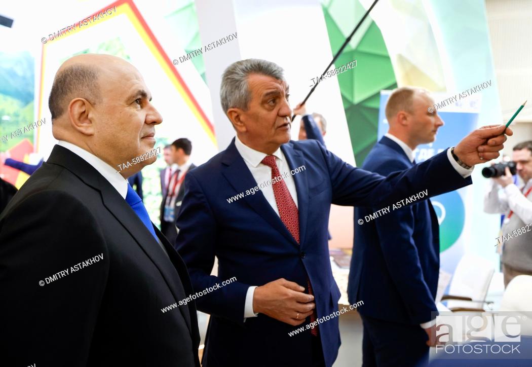 Stock Photo: RUSSIA, MINERALNYE VODY - MAY 3, 2023: Russia's Prime Minister Mikhail Mishustin (L) and Sergei Menyailo, head of the Republic of North Ossetia-Alania.