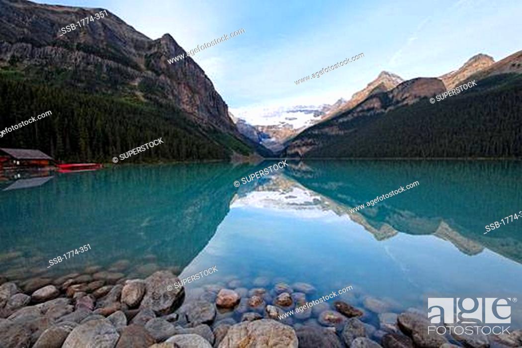 Stock Photo: Alpine Lake with Mountain Reflections, Lake Louise, Alberta, Canada.