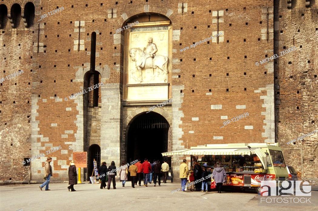 Stock Photo: Main entrance to the fortress, tower, Torre del Filarete, Castello Sforzesco, Piazza Castello, Milan, Milano, Lombardy, Italy, Europe.