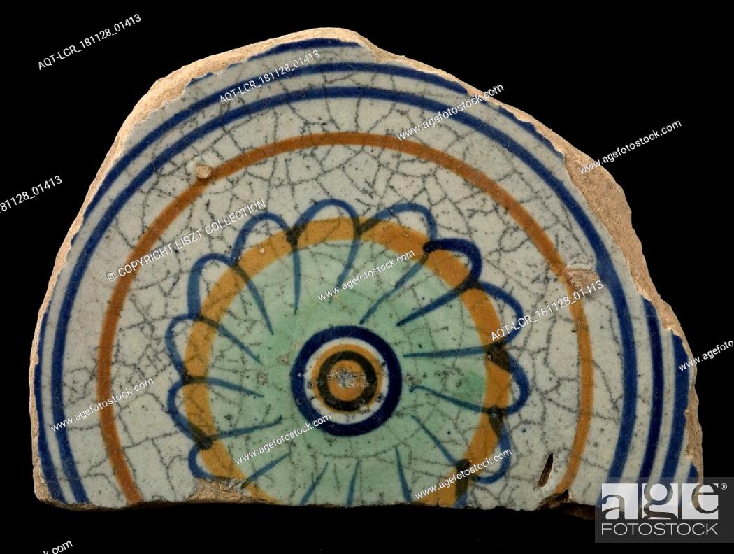 Stock Photo: Fragment majolica dish, polychrome, in the middle rosette, surrounded by circles, plate crockery holder soil find ceramic earthenware glaze.