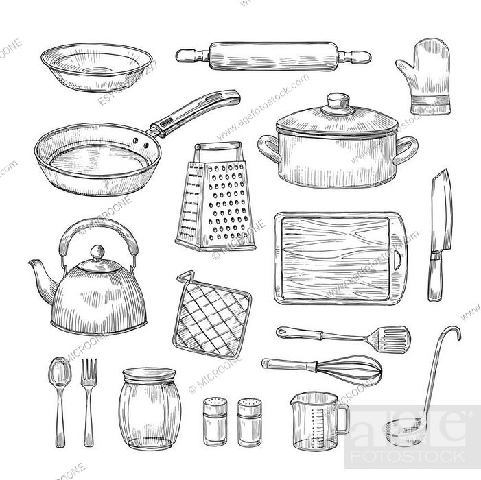Large Set Of Dishes Stock Illustration - Download Image Now - Drawing -  Activity, Kitchen, Drawing - Art Product - iStock