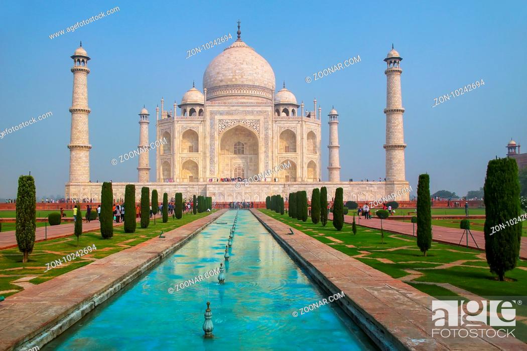 Stock Photo: Taj Mahal with reflecting pool in Agra, Uttar Pradesh, India. It was build in 1632 by Emperor Shah Jahan as a memorial for his second wife Mumtaz Mahal.