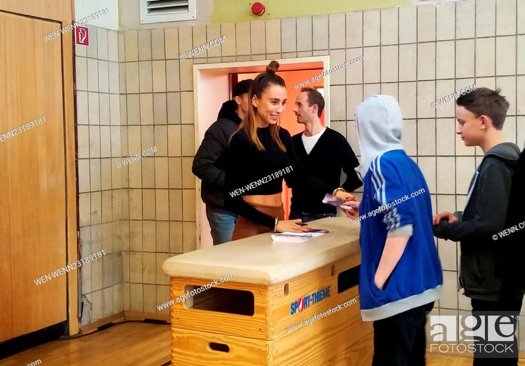 Stock Photo: Medina talks to children at a Scandinavian school in Berlin. Afterwards she performs some songs at the school's gym. Featuring: Medina Where: Berlin.