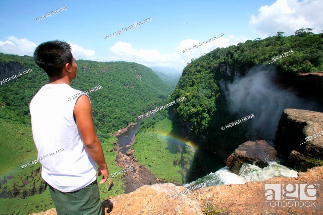 Stock Photo: Visitor viewing Kaieteur Waterfalls, Potaro National Park, Guyana, South America.