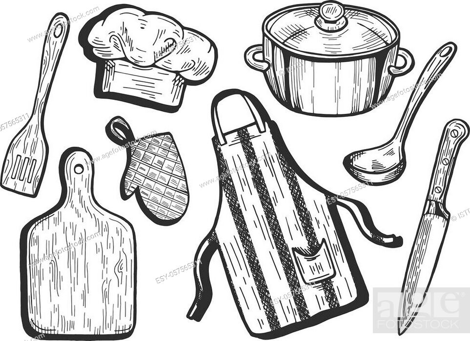 Vector illustration of kitchen utensils. Cook cap, chef hat, apron, cutting  board, knife, spatula, Stock Vector, Vector And Low Budget Royalty Free  Image. Pic. ESY-057565311 | agefotostock
