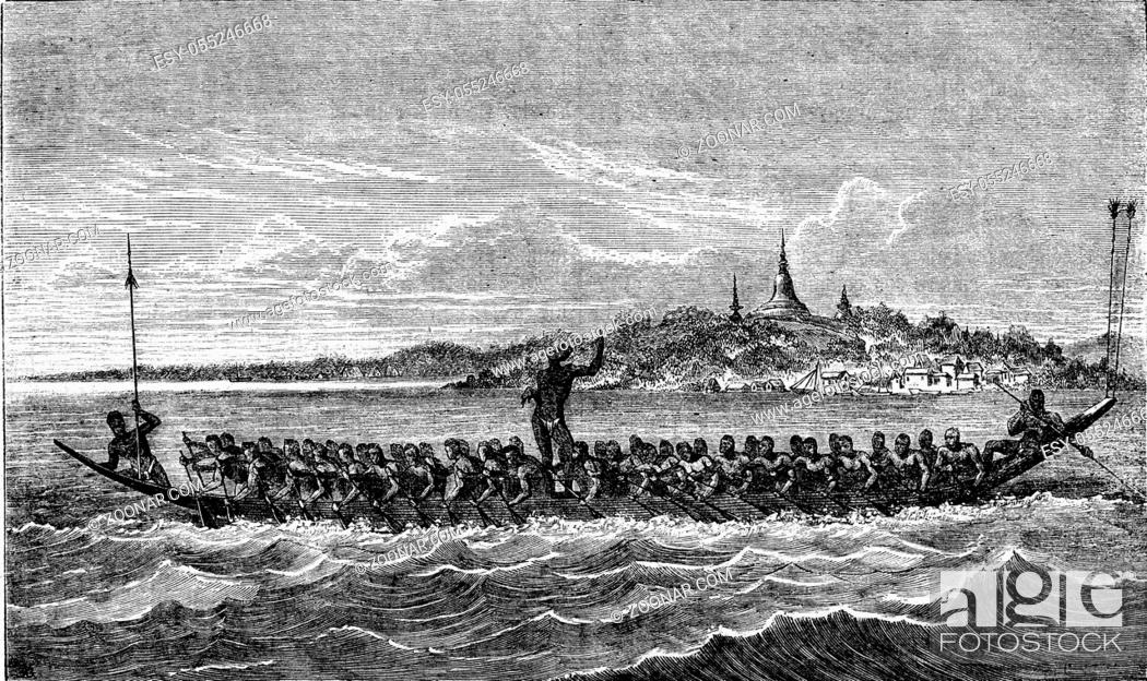 Stock Photo: Canoe racing in Cambodia, vintage engraved illustration. Magasin Pittoresque 1873.