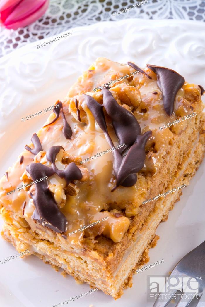 Stock Photo: walnut caramel cake.